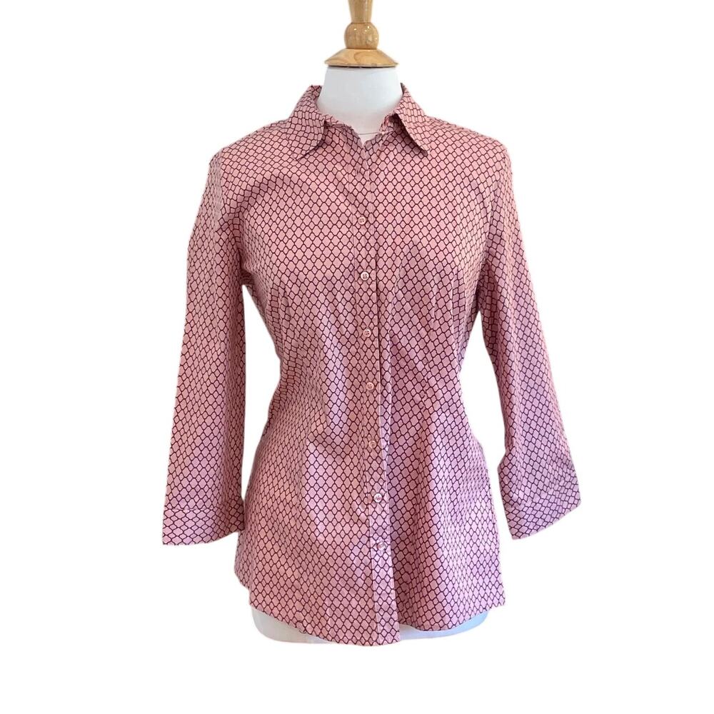 Chadwicks Cotton Pink Allover Print Button Down Shirt, 3/4 Sleeve, 14 Tall
